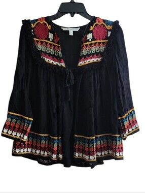 Zara Trafaluc Black Tunic with Multicolor Embroidery Tie Front Closure Boho
